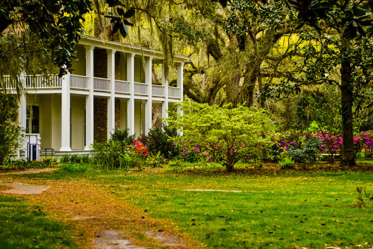 Southern plantation style house with columns and landscaped lawn