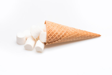 ice cream cone with marshmallow on white background