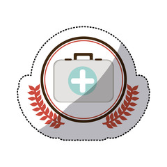 color sticker with firts aid kit with symbol cross in circle with olive branchs vector illustration