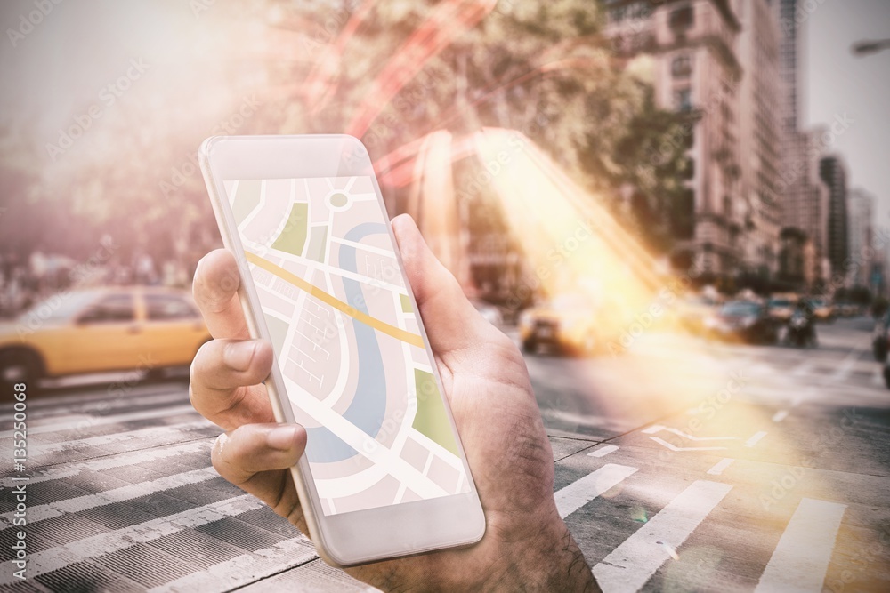 Poster composite image of man using map app on phone