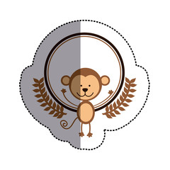 color sticker circle with monkey and olive branchs and middle shadow vector illustration