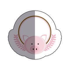 color sticker circle with pig head and olive branchs and middle shadow vector illustration