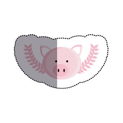 color sticker with pig head and olive branchs and middle shadow vector illustration