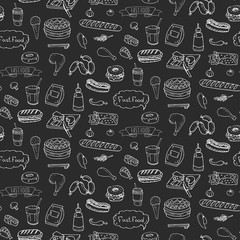 Seamless pattern Hand drawn doodle Fast food icons set. Vector illustration. Junk food elements collection. Cartoon snack various sketch symbols: soda, burger, potato,hot dog, pizza, donut, popcorn