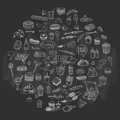 Hand drawn doodle Fast food icons set. Vector illustration. Junk food elements collection. Cartoon snack various sketch symbol: soda, burger, potato,hot dog, pizza, tacos, sweet desert, donut, popcorn