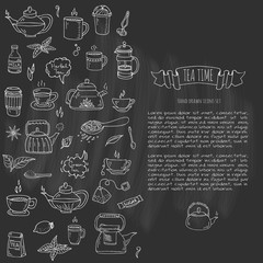 Hand drawn doodle Tea time icon set. Vector illustration. Isolated drink symbols collection. Cartoon various beverage element: mug, cup, teapot, leaf, bag, spice, plate, mint, herbal, sugar, lemon.