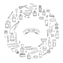 Hand drawn doodle Nail salon icons set. Vector illustration. Manicure accessories collection. Cartoon various sketch pedicure tools elements: polish, bottle, brush, varnish, scissors, lotion, cream
