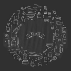 Hand drawn doodle Nail salon icons set. Vector illustration. Manicure accessories collection. Cartoon various sketch pedicure tools elements: polish, bottle, brush, varnish, scissors, lotion, cream