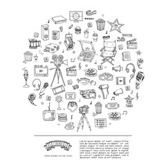 Hand drawn doodle Cinema set. Vector illustration. Movie making icons. Film symbols collection. Cinematography freehand elements: camera, film tape, photo camera, pizza, popcorn, projector, microphone