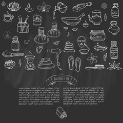 Hand drawn doodle Massage and Spa icons set Vector illustration relaxing symbols collection Cartoon beauty care concept elements health care Wellness treatment Body massage Lifestyle Skin care Spa