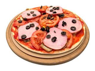 Pizza with ham, tomato, mushrooms