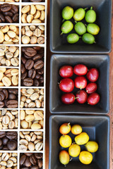 Coffee beans and fresh berries beans background
