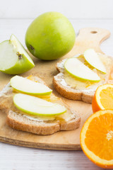 toast with jam and apple close-up on a white background