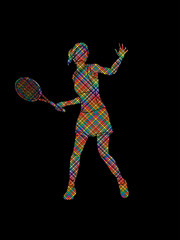 Woman tennis player action designed using colorful pixels graphic vector.