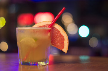 drink, mojito at the bar, blurred lights at background