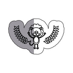 monochrome contour sticker with lion and olive branchs and middle shadow vector illustration