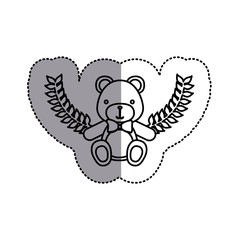 monochrome contour sticker circle with teddy bear with bow tie and olive branchs and middle shadow vector illustration