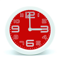 Watch red on a white background, time 3:00 AM/PM