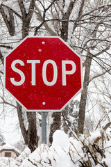 Red stop sign and snow covered trees