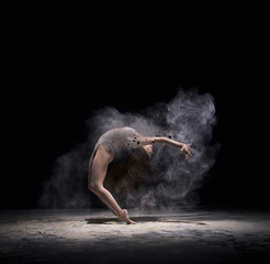 Obraz na płótnie Canvas Graceful woman dancing in cloud of white dust