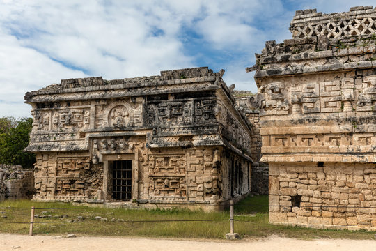 Ancient Mayan Terminal Classic governmental palace, constructed in the Puuc architectural style decorated with elaborate masks in Chichen Itza, Yucatan, Mexico.