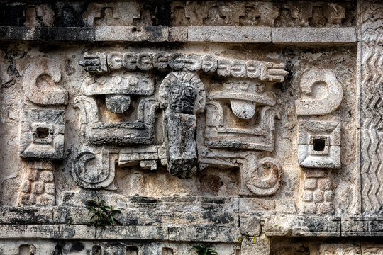 Ancient Mayan decoration of the Nunnery building complex in Chichen Itza, Yucatan, Mexico.
