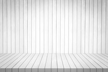 White wooden shelf on wood background texture.