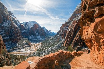Angels Landing Hiking Trail in the winter high above the Virgin River in Zion National Park in Utah USA