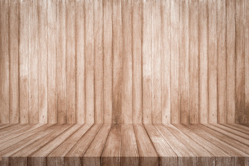 White wooden shelf on wood background texture.