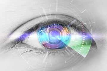 Close up eyes of technologies in the futuristic. : eye cataract - obrazy, fototapety, plakaty