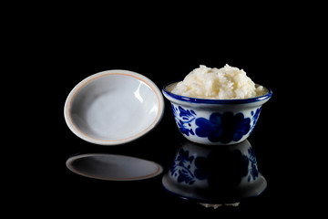Sweetmeat consisting of fermented sticky rice, Kaomark thai trad