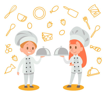 Happy kids is cooking and having fun in the kitchen vector desig