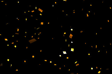 falling golden metallic glitter foil confetti on black background, gold holiday and festive fun