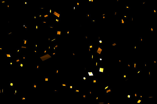 Falling Golden Metallic Glitter Foil Confetti On Black Background, Gold Holiday And Festive Fun