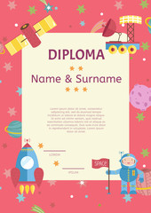 Diploma cartoon template. Spaceship, stars. planets, comets. For award for victory in scientific competition. Cartoon space diploma template.