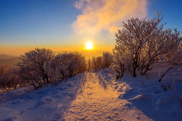 Sunrise on Deogyusan mountains covered with snow in winter,South korea.