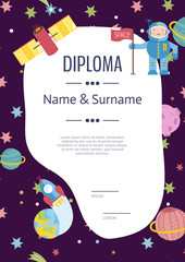 Diploma cartoon template. Spaceship, stars. planets, comets. For award for victory in scientific competition. Cartoon space diploma template.