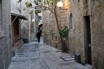 Narrow, dark lanes of the Jewish Quarter of the Old City of Jerusalem