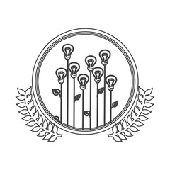 monochrome silhouette circle with decorative olive branch and lightbulb in shape flower vector illustration