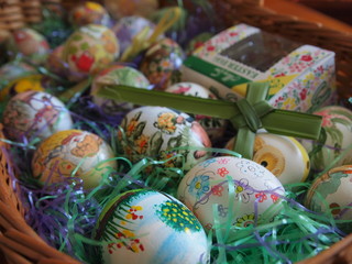 Hand painted Colorful Easter Eggs in Easter Basket