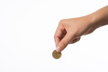 Woman hand holding coin to collecting.
