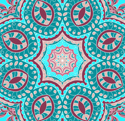 Turqouise kaleidoscopic vector pattern. Can be used for card, stained-glass window.