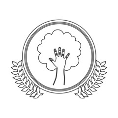 monochrome silhouette circle with decorative olive branch with hand in shape of tree vector illustration