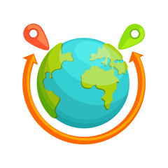 Delivery around the world concept. Globe With Red Arrow Rotating. Destination transportation service. Company Symbol Of Worldwide Coverage. Shipping all over the earth