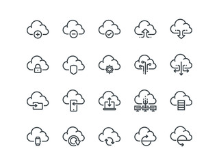 Cloud storage. Set of outline vector icons. Includes such as Data Synchronisation, Transfer, Access and other.