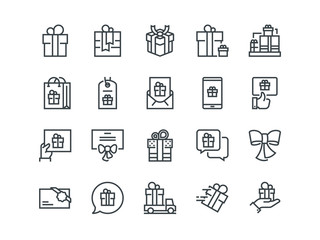 Gifts. Set of outline vector icons. Includes such as Gift Card, Present Offer, Ribbon and other