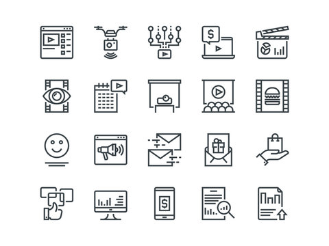 Digital Marketing. Set of outline vector icons. Includes such as Viral video, Food photo, Aerial shooting and other