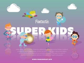 Fantastic super kids banner with children dressed in carnival costumes of superheroes vector illustration. Super hero kids in action, playing and flying. Cute little superhero characters in flat style