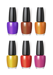 Obraz premium Realistic makeup cosmetics set isolated on white background vector illustration. Colorful nail polish glass bottle, manicure and pedicure. Decorative cosmetics products, beauty fashion makeup
