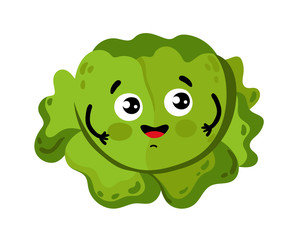 Cute vegetable cabbage cartoon character isolated on white background vector illustration. Funny positive and friendly cabbage emoticon face icon. Happy smile cartoon face, comical vegetable mascot